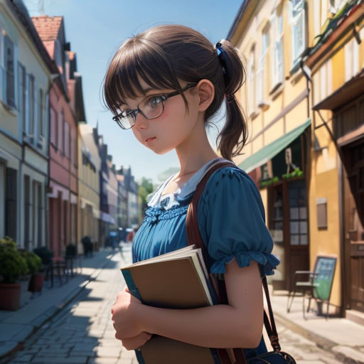 a girl in a blue dress is holding a book and looking down a street in a small town with buildings