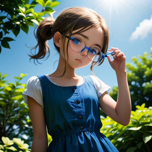 a little girl wearing glasses and a blue dress standing in front of a tree with her hand on her head