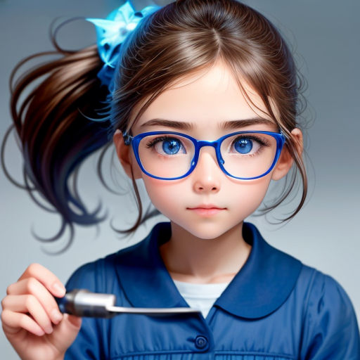 a little girl with glasses and a hair clip in her hair is looking at the camera and has a toothbrush in her hand