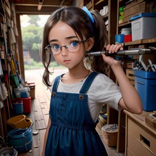 a little girl with glasses holding a wrench in a garage with shelves full of tools and tools on the wall