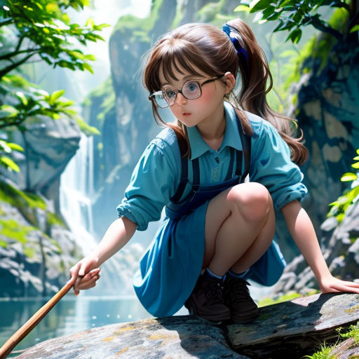 a girl in a blue shirt and glasses crouches on a rock near a waterfall and holds a stick