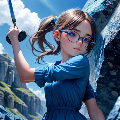 a girl with glasses holding a baseball bat in a rocky area with a mountain in the background and a blue sky