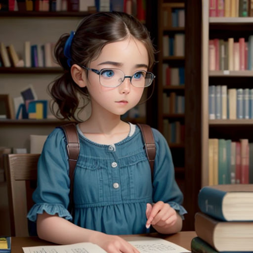 a little girl sitting at a table with books and a book case in the background and a book on the table