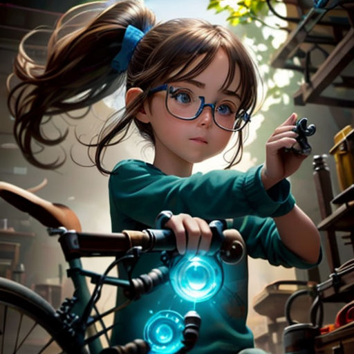 a girl with glasses on holding a bicycle in a room with shelves and shelves of books and a lamp