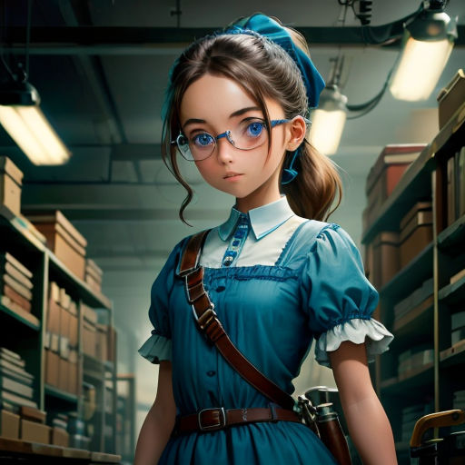 a girl in a blue dress and glasses standing in a library with a book case in the background and a lamp on the wall