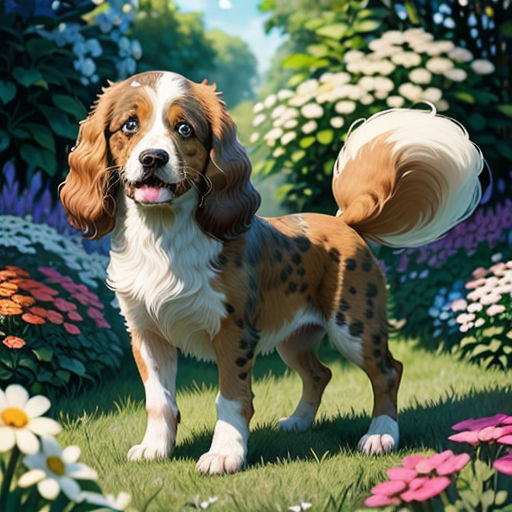 a dog standing in a field of flowers with a frisbee in its mouth and a dog in the background