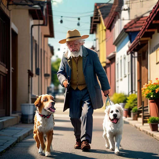 a man walking two dogs down a street with a cowboy hat on and a long beard on his head
