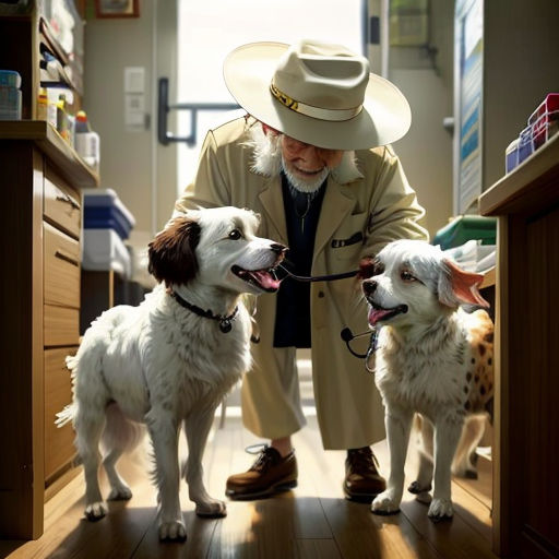 a man in a hat and coat with two dogs in a room with a desk and shelves of books
