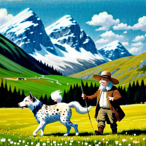 a painting of a man walking a dog in a field with mountains in the background and a dog on a leash