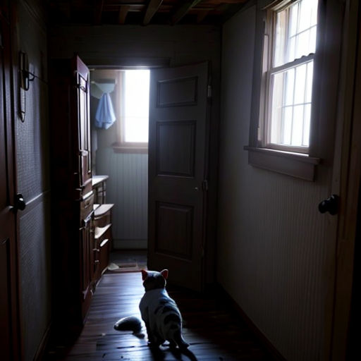 a cat sitting on the floor in a dark room with a door open and a window open to the outside