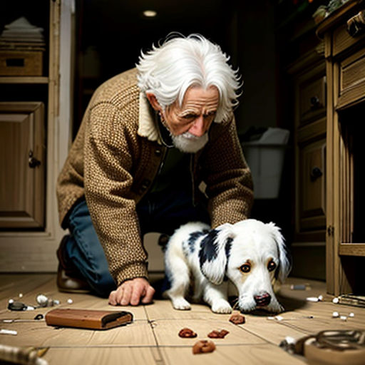 a man kneeling down next to a dog on a wooden floor with nuts on it's floor and a dog looking at the floor