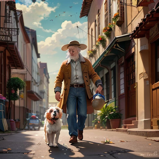a man walking a dog down a street next to a tall building with a clock on it's side