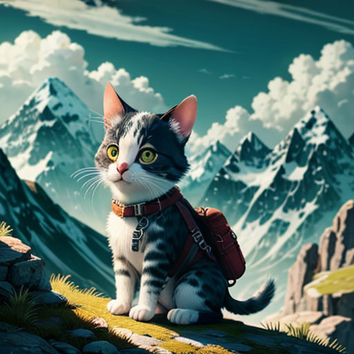 a cat with a backpack sitting on a mountain top looking at the camera with a mountain range in the background