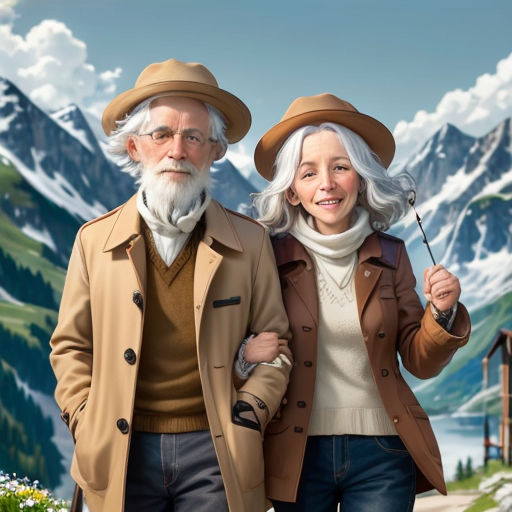 a man and woman walking down a road with a mountain background behind them and a painting of a man holding a cane