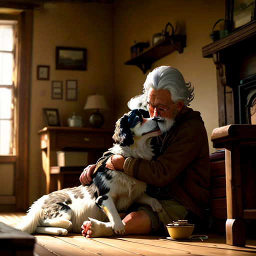 a woman sitting on a floor hugging a dog with a cup of coffee in front of her and a fireplace