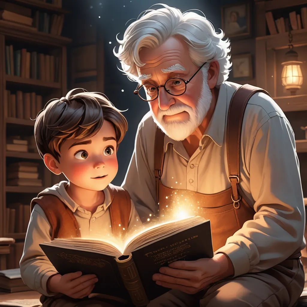 an older man reading a book to a young boy in front of a bookcase with a light shining from it, fantasy art, a storybook illustration, Cliff Childs, rossdraws global illumination