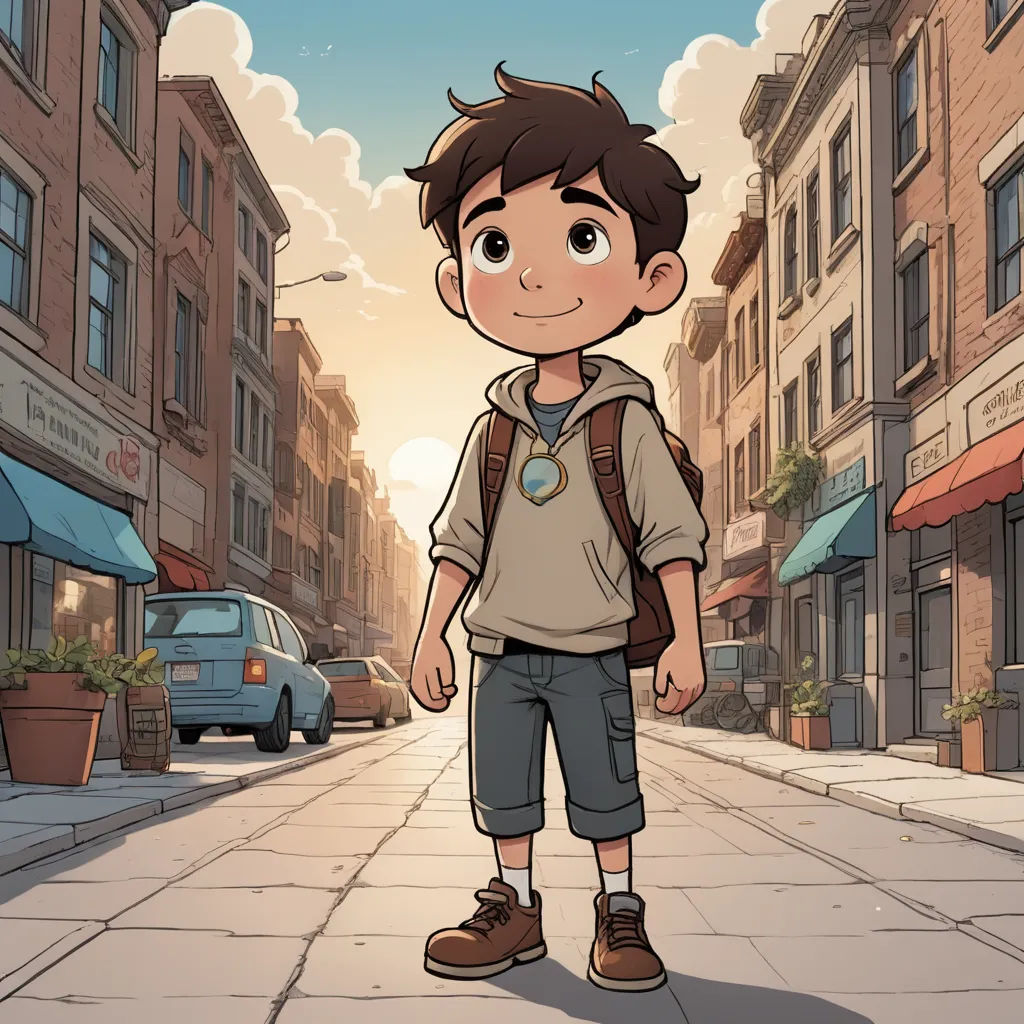 a boy standing on a street in front of a building with a backpack on his shoulder and a backpack on his shoulder, serial art, a character portrait, Asaf Hanuka, key art