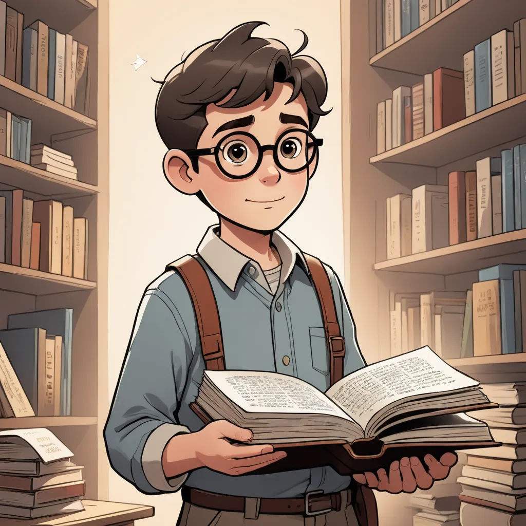 a man holding a book in a library with a lot of books on the shelves behind him and a bookcase behind him, sots art, a character portrait, Everett Warner, rossdraws global illumination