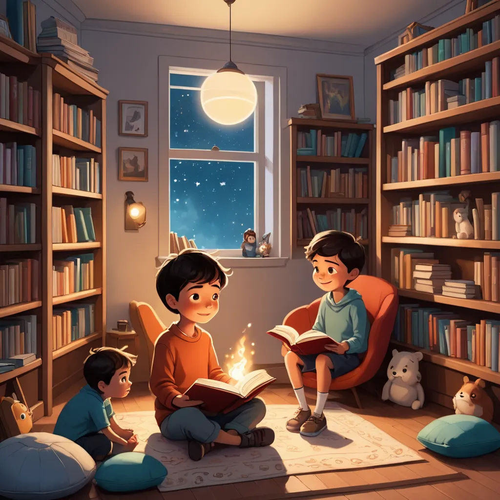 a boy and a girl are reading a book in a library with a cat and teddy bear on the floor, fantasy art, a storybook illustration, Chris LaBrooy, storybook illustration