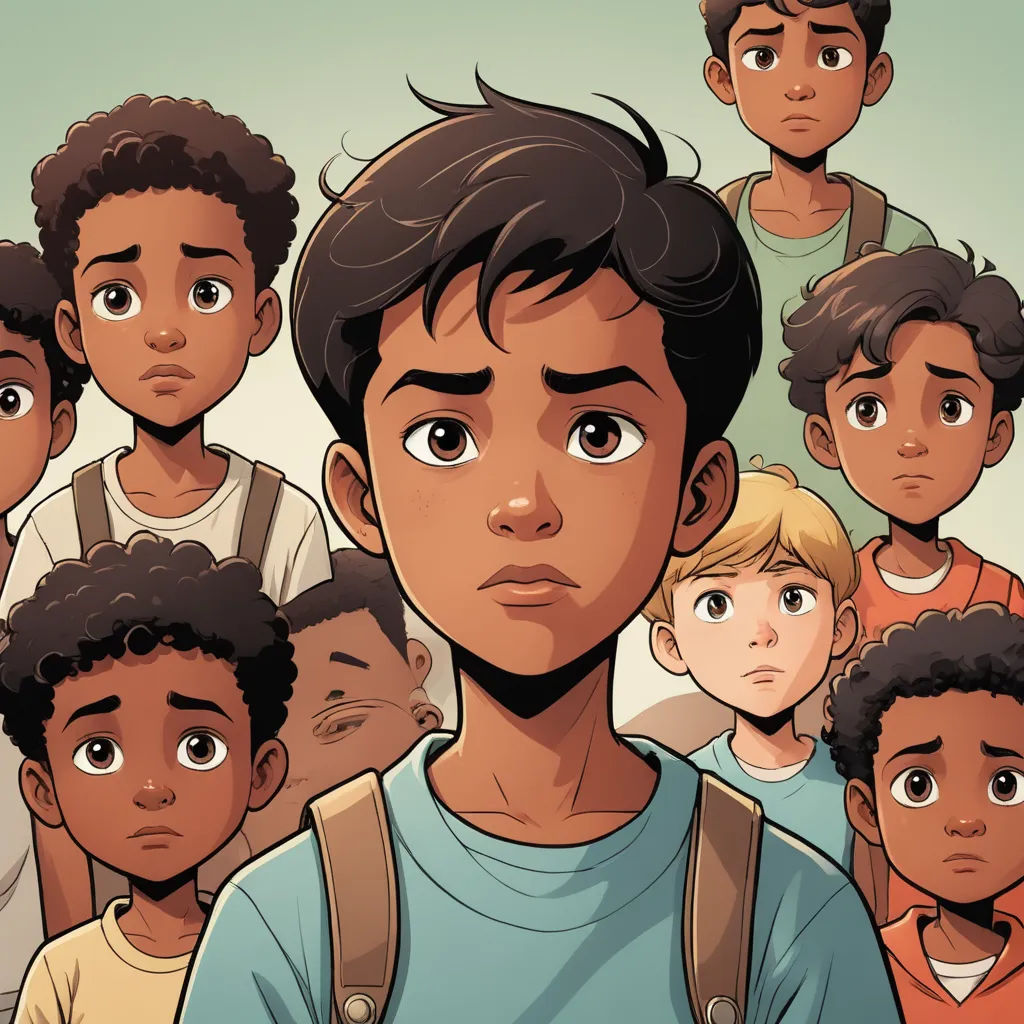 a group of young men standing next to each other in front of a sky background with a sad face, serial art, a comic book panel, Asaf Hanuka, comic cover art