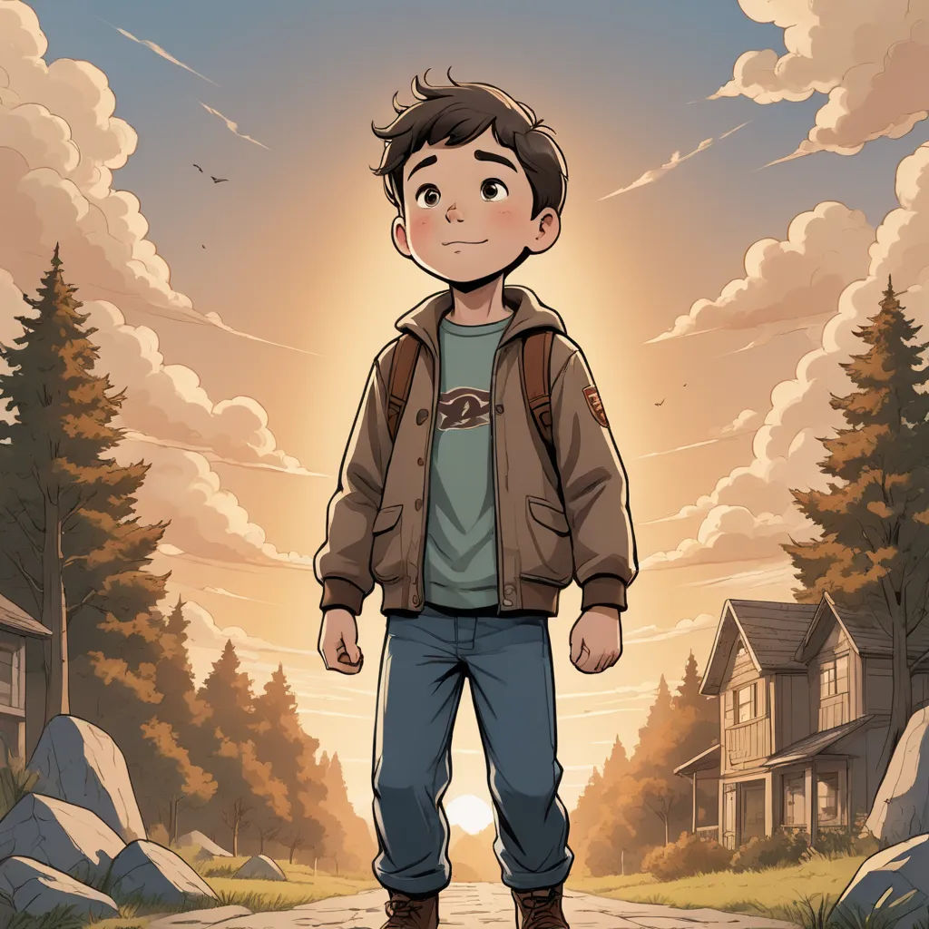a boy standing on a road in front of a house with a sky background and clouds in the background, process art, poster art, Dan Mumford, comic cover art