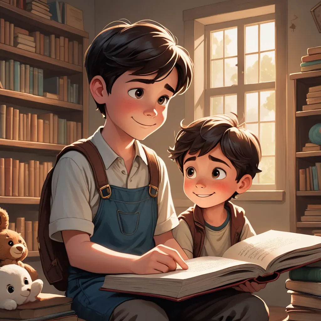 a boy and a boy reading a book together in a library with a teddy bear and a window behind them, sots art, a storybook illustration, Diego Gisbert Llorens, storybook illustration