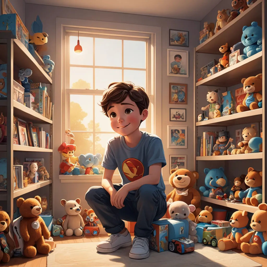 a boy is sitting in a room full of stuffed animals and teddy bears, and a window is open, photorealism, a storybook illustration, Chris LaBrooy, rossdraws global illumination