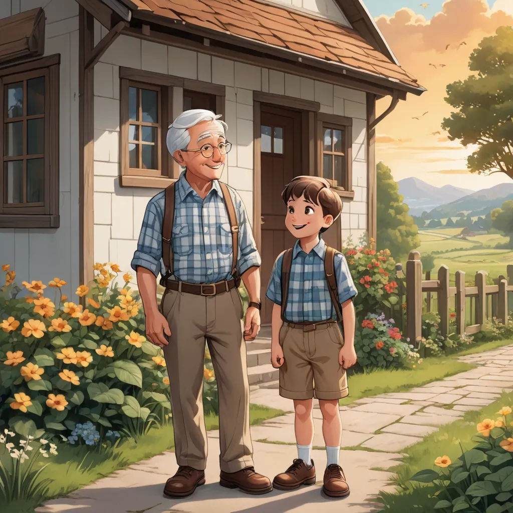 a man and a boy standing in front of a house with flowers in the yard and a path leading to the house, american scene painting, a storybook illustration, Brothers Hildebrandt, official art