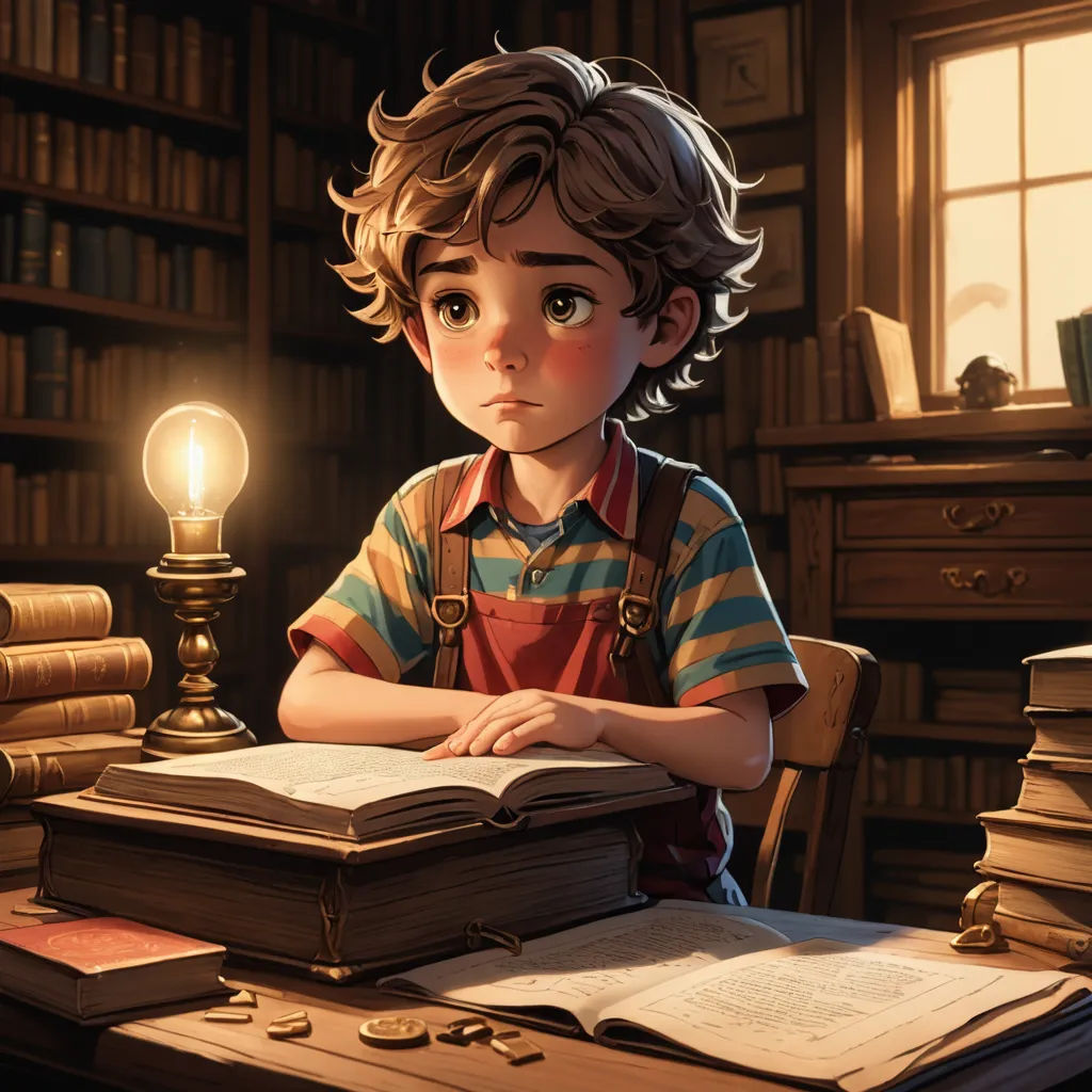 a boy sitting at a desk with a book and a light bulb on it in front of a bookcase, fantasy art, a storybook illustration, Diego Gisbert Llorens, rossdraws global illumination