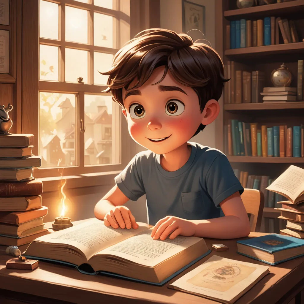 a boy sitting at a desk with a book and a lamp in front of him and a stack of books behind him, photorealism, a storybook illustration, Alejandro Burdisio, rossdraws global illumination
