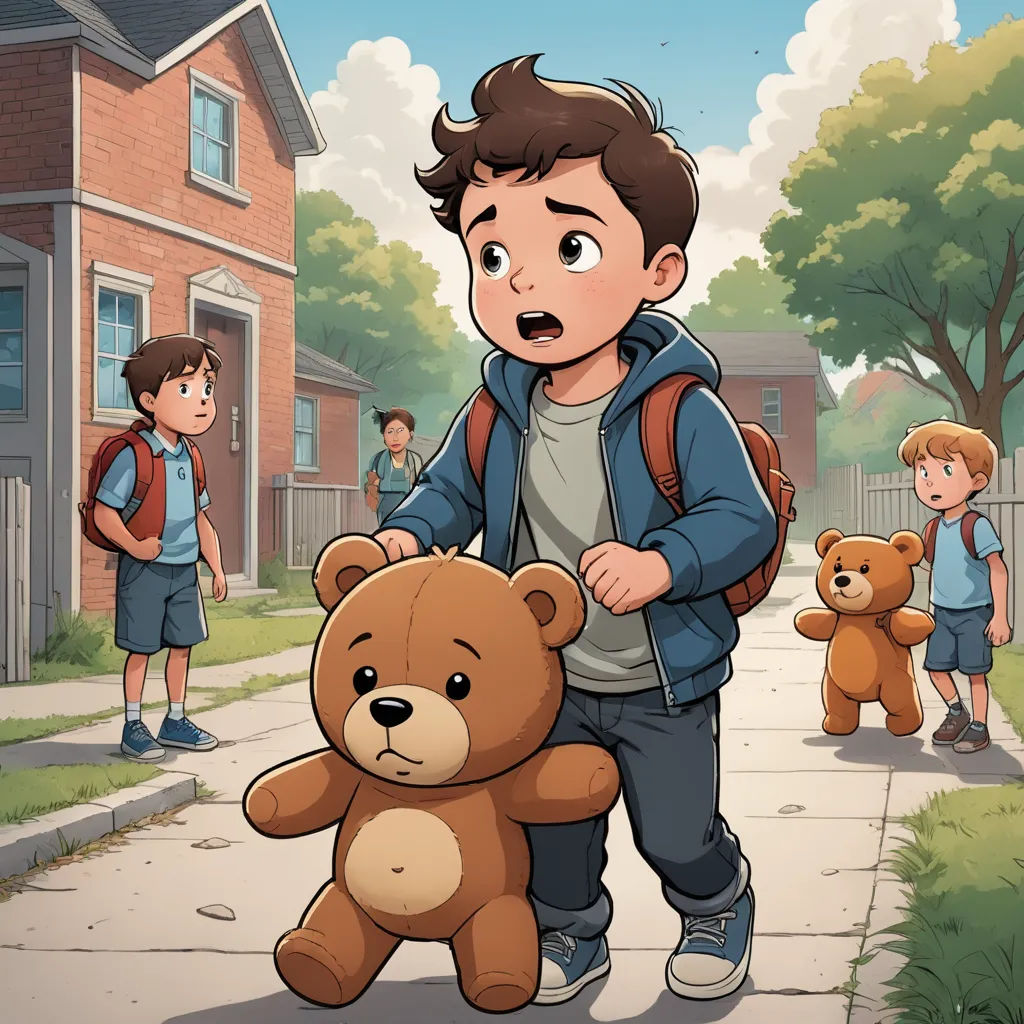 a boy holding a teddy bear on a sidewalk with other children in the background on a suburban street with a red brick house, serial art, a storybook illustration, Diego Gisbert Llorens, comic cover art