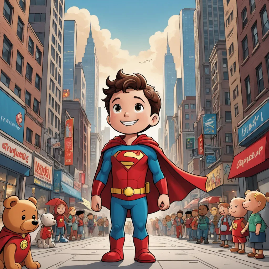 a cartoon of a boy dressed as a superman standing in the middle of a street with a teddy bear, superflat, a comic book panel, Diego Gisbert Llorens, comic cover art