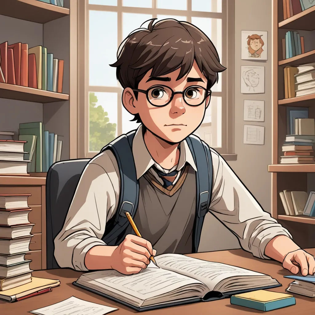 a boy sitting at a desk with a book and pen in his hand and a book in front of him, sots art, a character portrait, Cedric Seaut (Keos Masons), official art