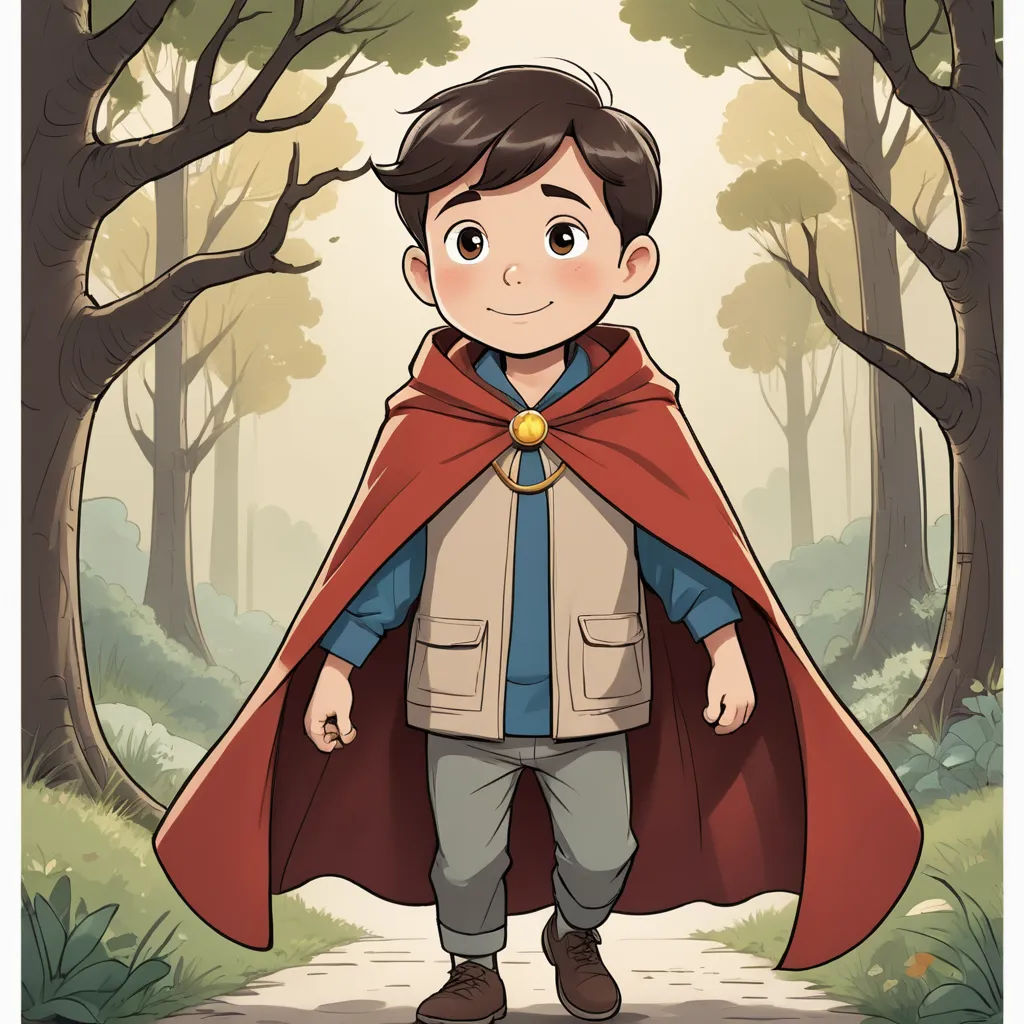 a boy in a cape standing in the woods with a red cape on his head and a red cape on his shoulders, sots art, a character portrait, Cliff Childs, official art