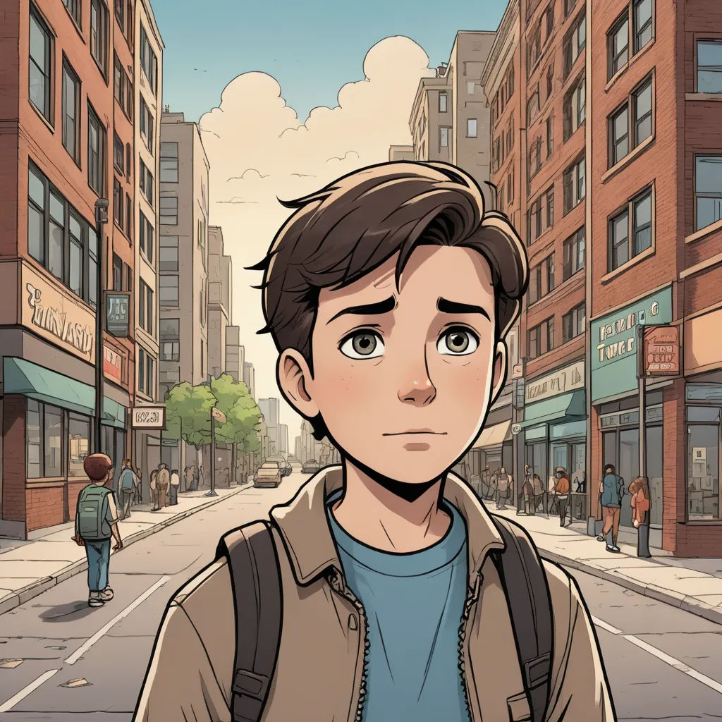 a man standing on a street with a backpack on his back and a city street in the background with buildings, sots art, a comic book panel, Anson Maddocks, graphic novel
