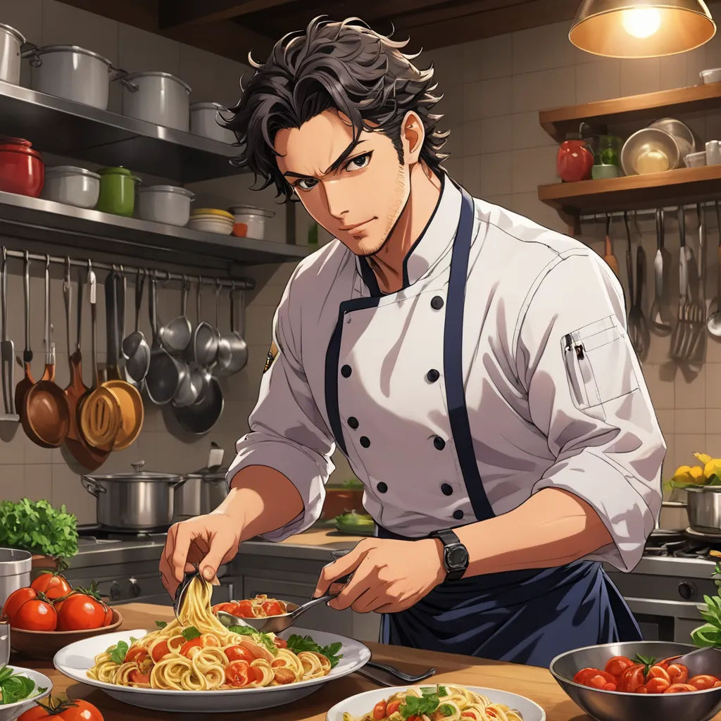 a man in a kitchen preparing food on a plate with a fork and knife in his hand and a bowl of spaghetti on the table, sots art, a stock photo, Ed Benedict, official art