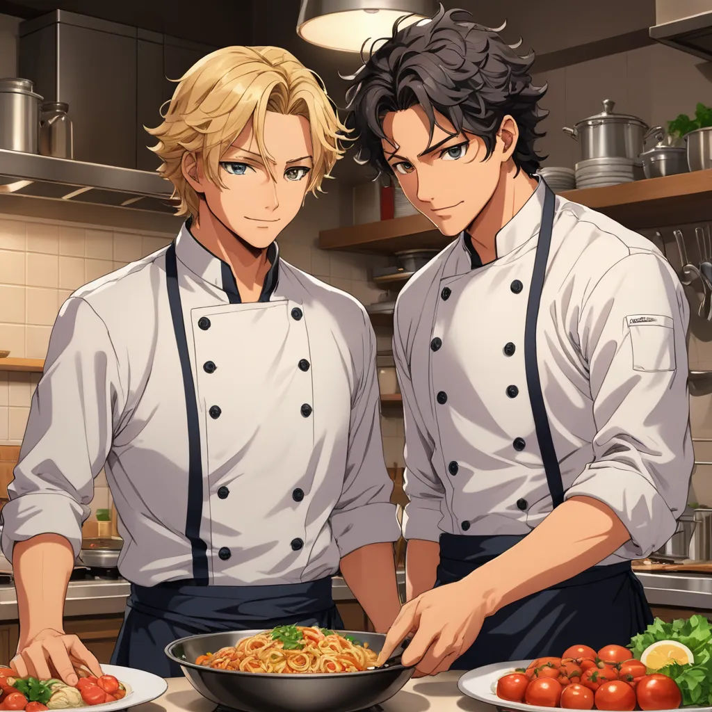 two men in aprons cooking in a kitchen with a bowl of food on the counter and a pan of food on the counter, remodernism, a stock photo, Ed Benedict, official art