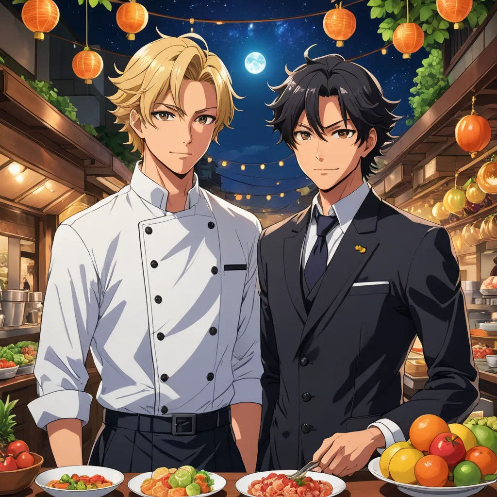 two men standing in front of a table with food on it and a sky background with oranges and lights, aestheticism, a stock photo, Ai-Mitsu, official art