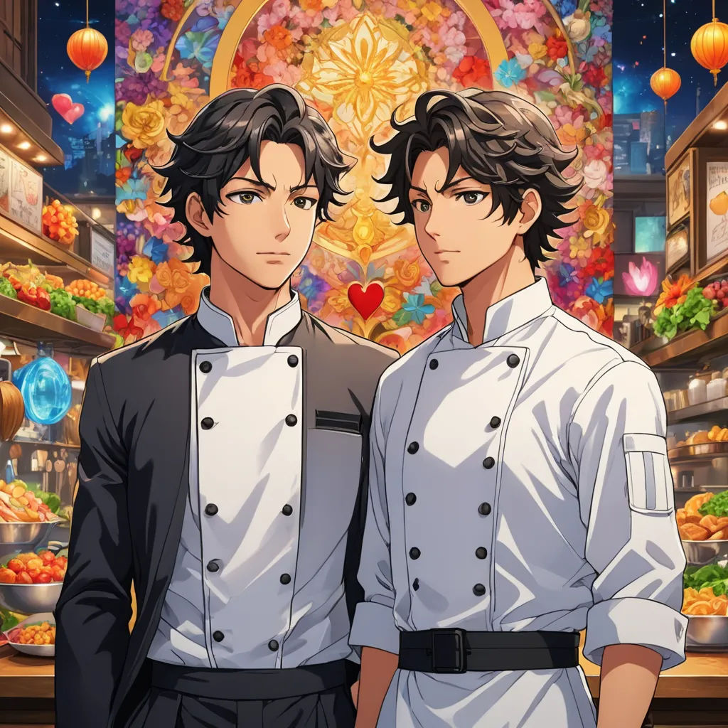 two men standing next to each other in front of a display of food in a store filled with vegetables, remodernism, concept art, Brothers Hildebrandt, official art