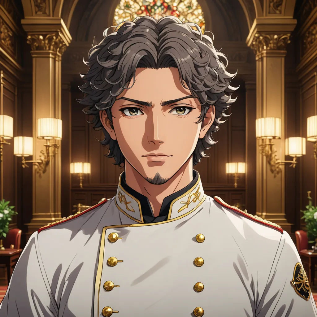 a man in a uniform standing in a room with a chandelier and a chandelier behind him, neoclassicism, a character portrait, Edmond Xavier Kapp, rossdraws global illumination