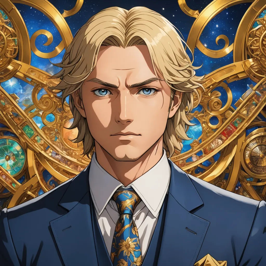 a man in a suit and tie standing in front of a golden background with a clock on it's face, rococo, a character portrait, Cedric Seaut (Keos Masons), official art