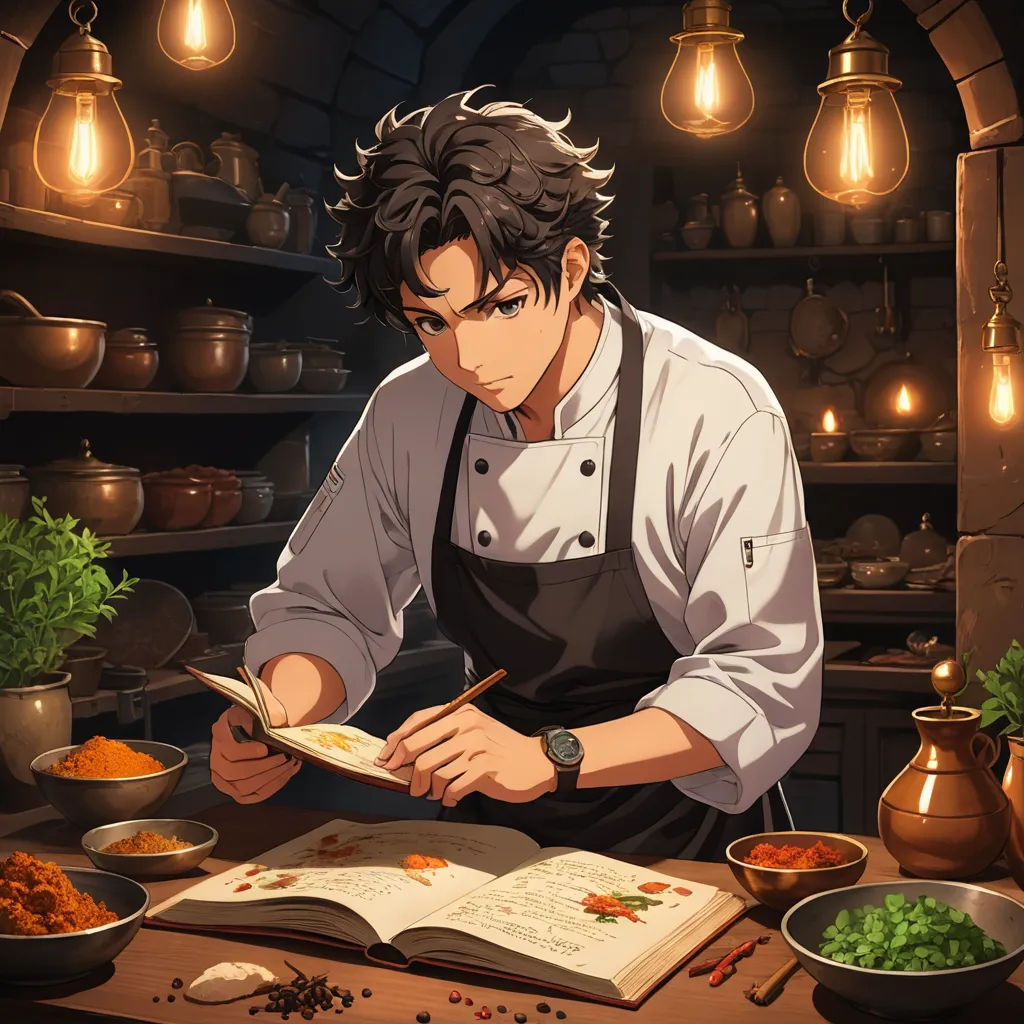 a man in an apron is writing on a book in a kitchen with a lot of food on the table, remodernism, concept art, Anne Said, official art
