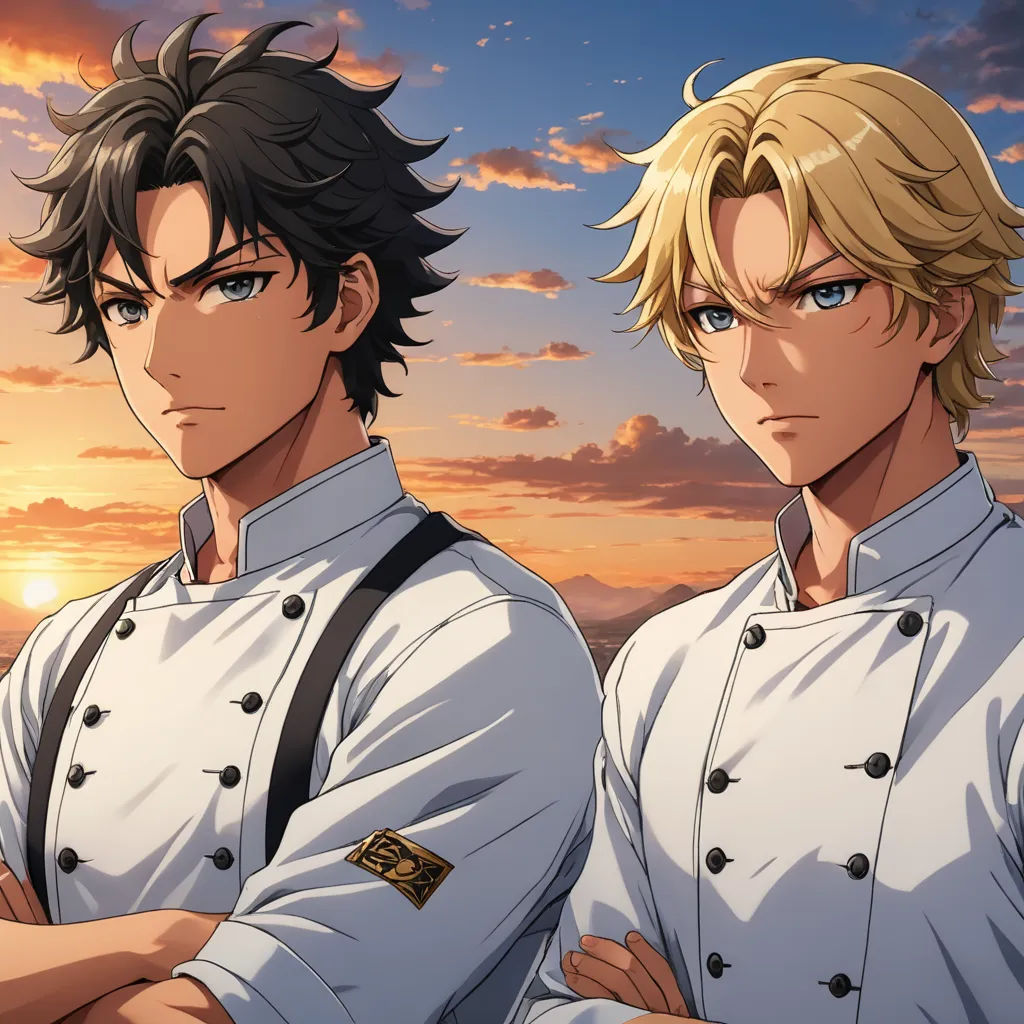 two men in chef uniforms standing next to each other in front of a sunset sky with clouds and a sun, sots art, a stock photo, Brothers Hildebrandt, official art