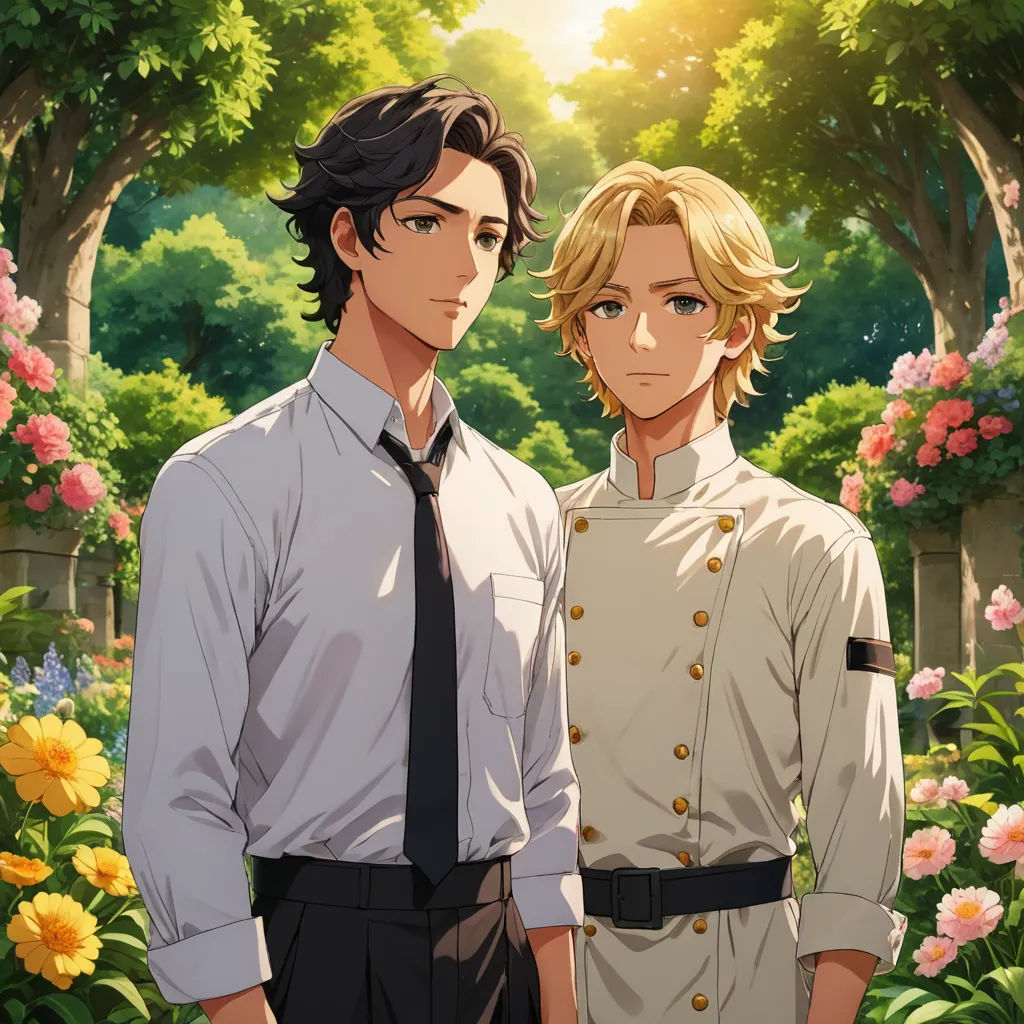 two people standing next to each other in front of flowers and trees with a sun shining behind them and a person in a suit and tie, sots art, a stock photo, Cedric Seaut (Keos Masons), official art