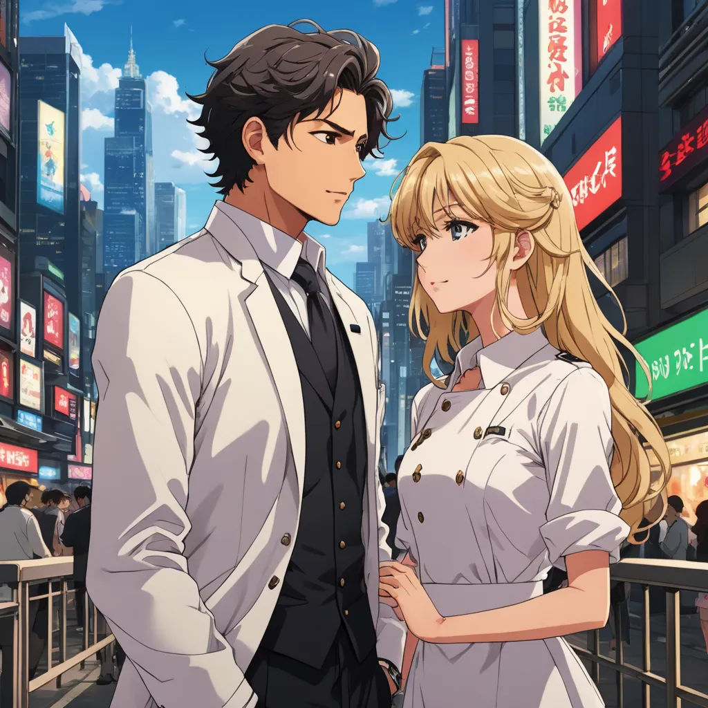 a man and a woman standing in front of a cityscape with buildings in the background and a man in a suit and tie, neo-romanticism, concept art, Artgerm, official art