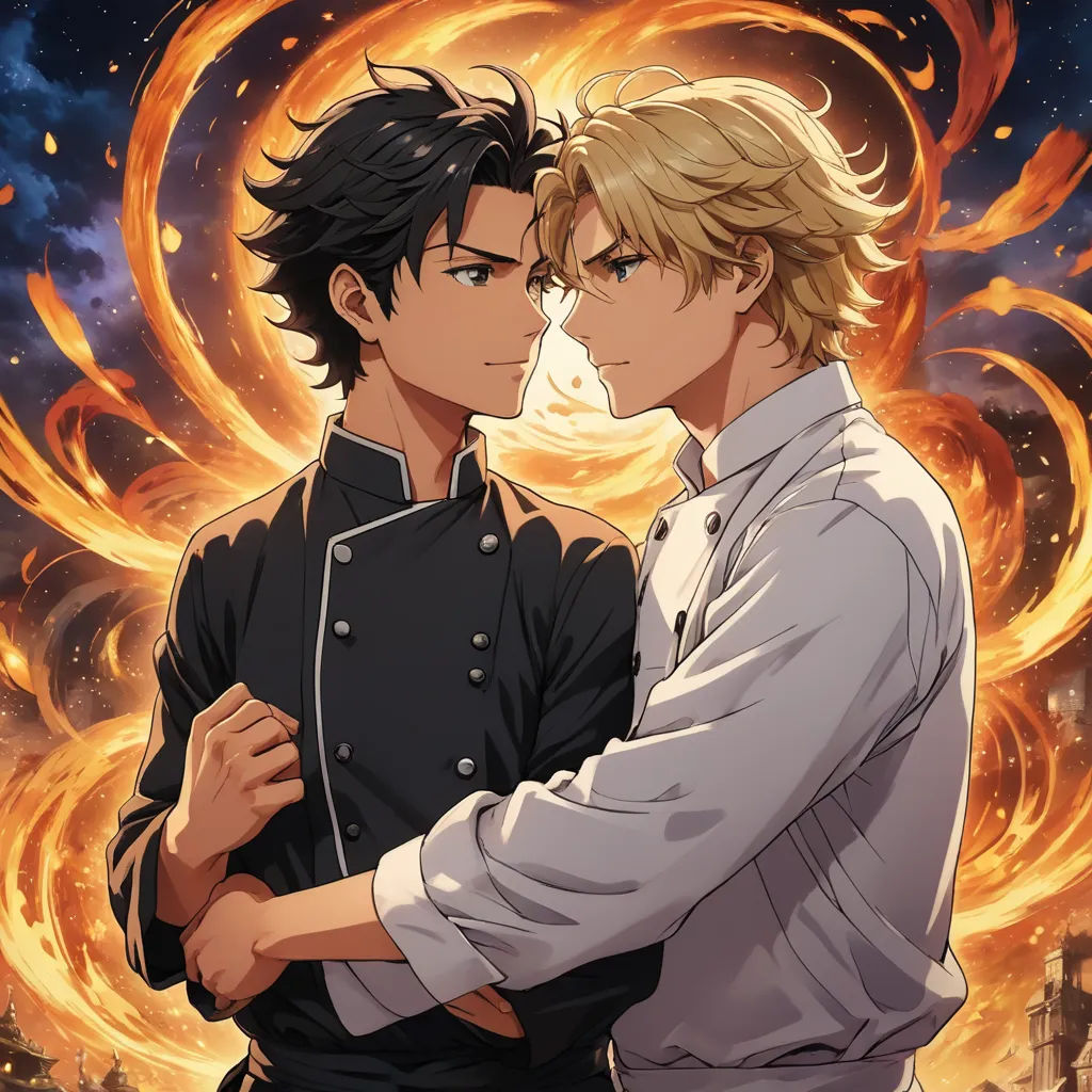 two people standing next to each other in front of a fire ball with flames behind them and a sky background, neo-romanticism, a poster, Bálint Kiss, official art