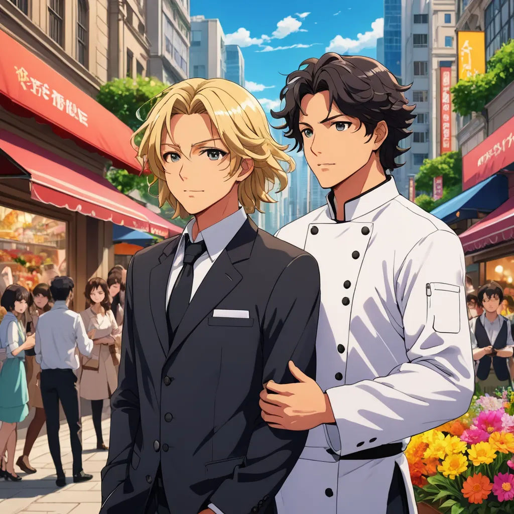 two people standing in front of a crowd of people in a city street with buildings and flowers in the foreground, remodernism, a stock photo, Arent Arentsz, official art