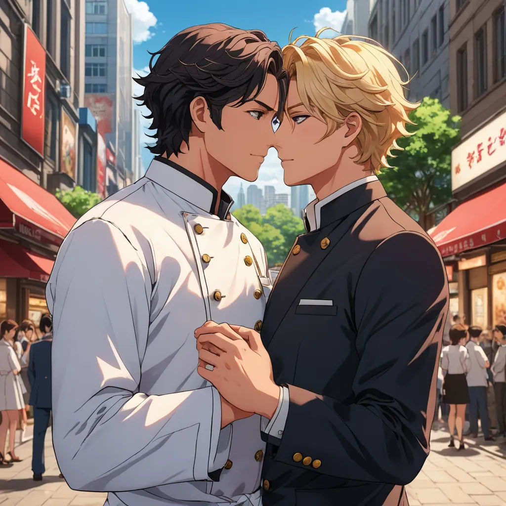 a couple of people that are standing in the street together with buildings in the background and people walking around, remodernism, a painting, Du Jin, official art