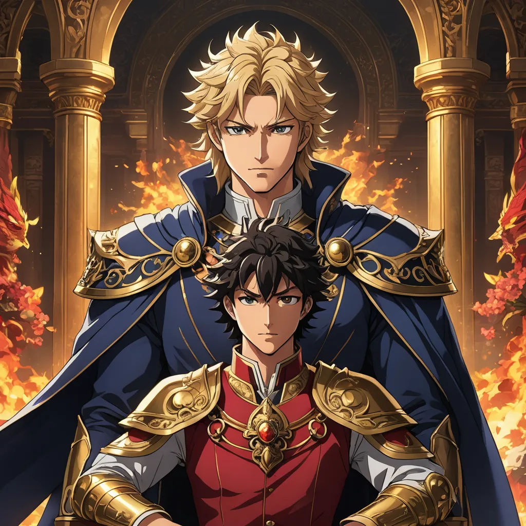 a man in a red and gold outfit standing next to a man in a blue and gold outfit with a sword, sots art, a poster, Ayami Kojima, anime key visual