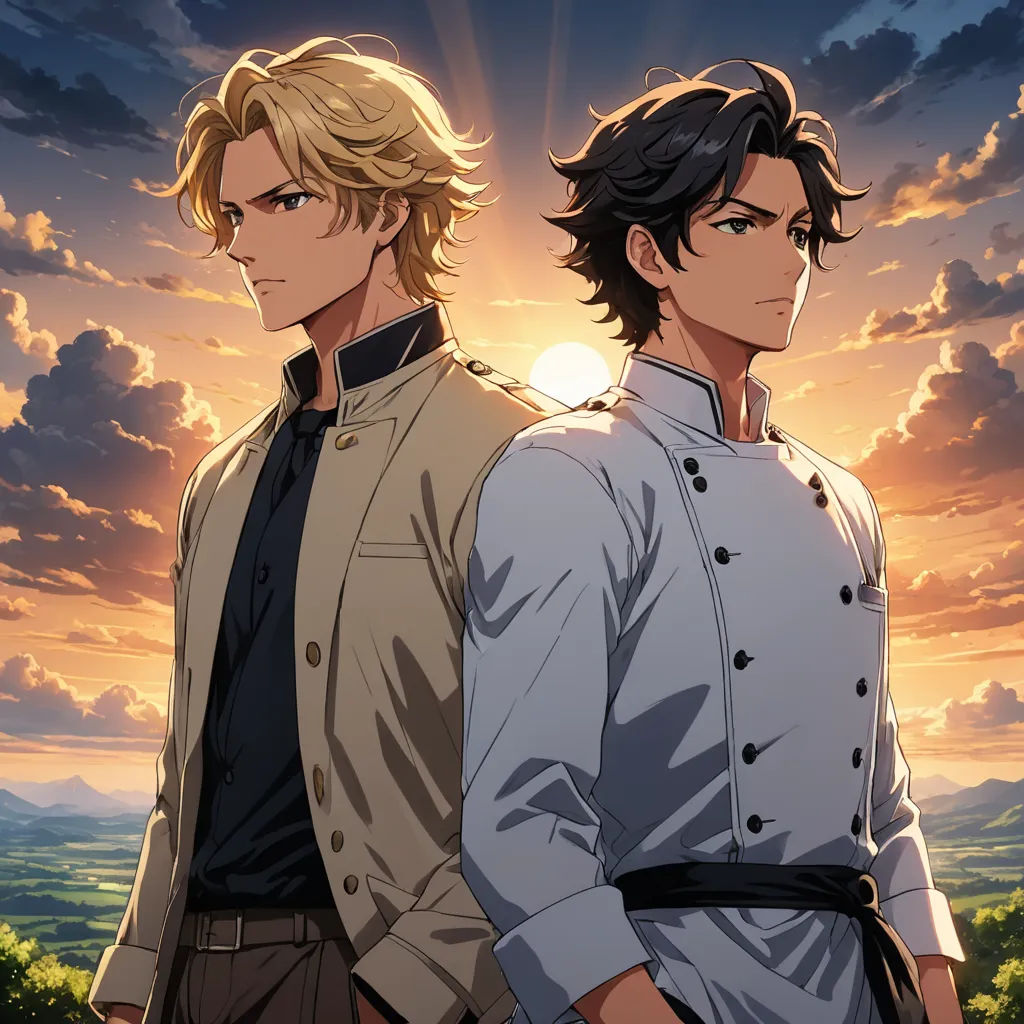 two men standing next to each other in front of a sunset and clouds with the sun shining down on them, neo-romanticism, an album cover, Brothers Hildebrandt, official art
